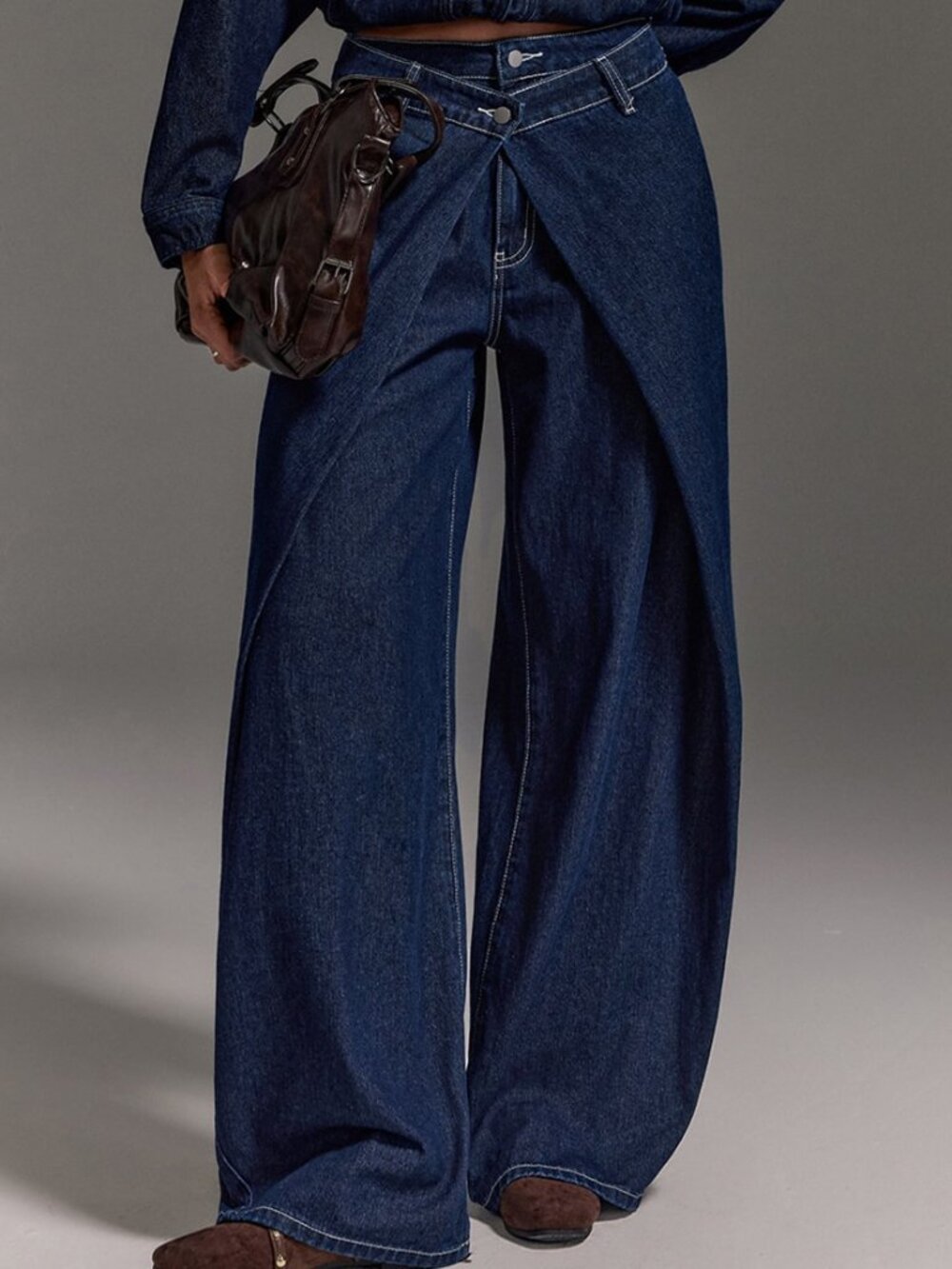 Dark Wash Elegant Women's Wide Leg Loose Casual Denim Jeans - Picture 4 of 4